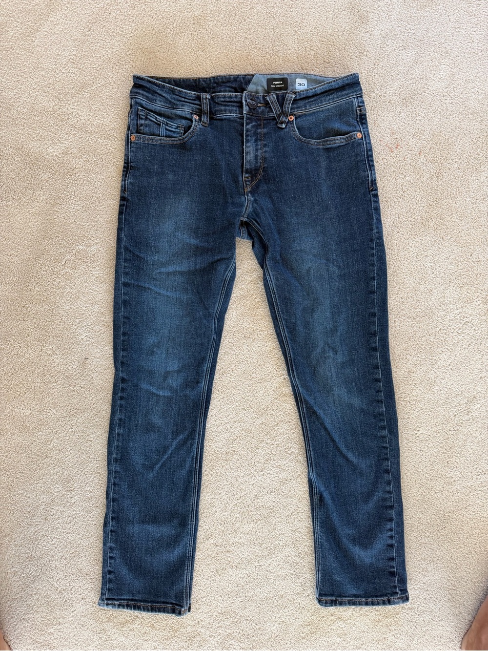 Volcom “Vorta” Slim Straight Jeans in Dark Blue